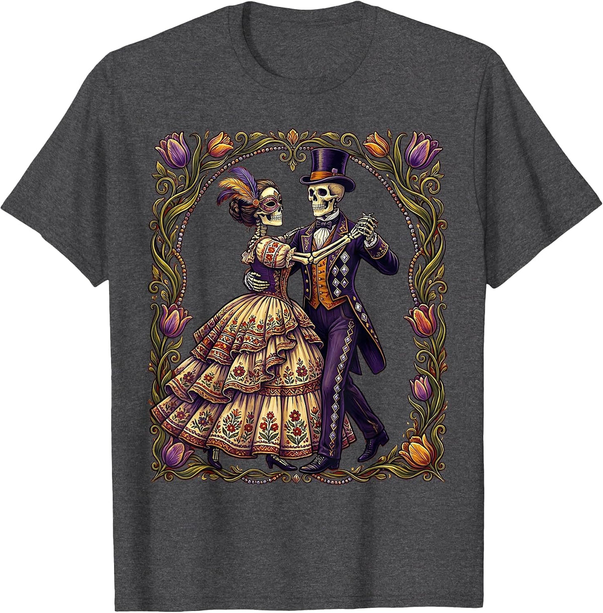 Mardi Gras Dancing Skeletons Ballroom Costume T-Shirt - Dark Heather Grey