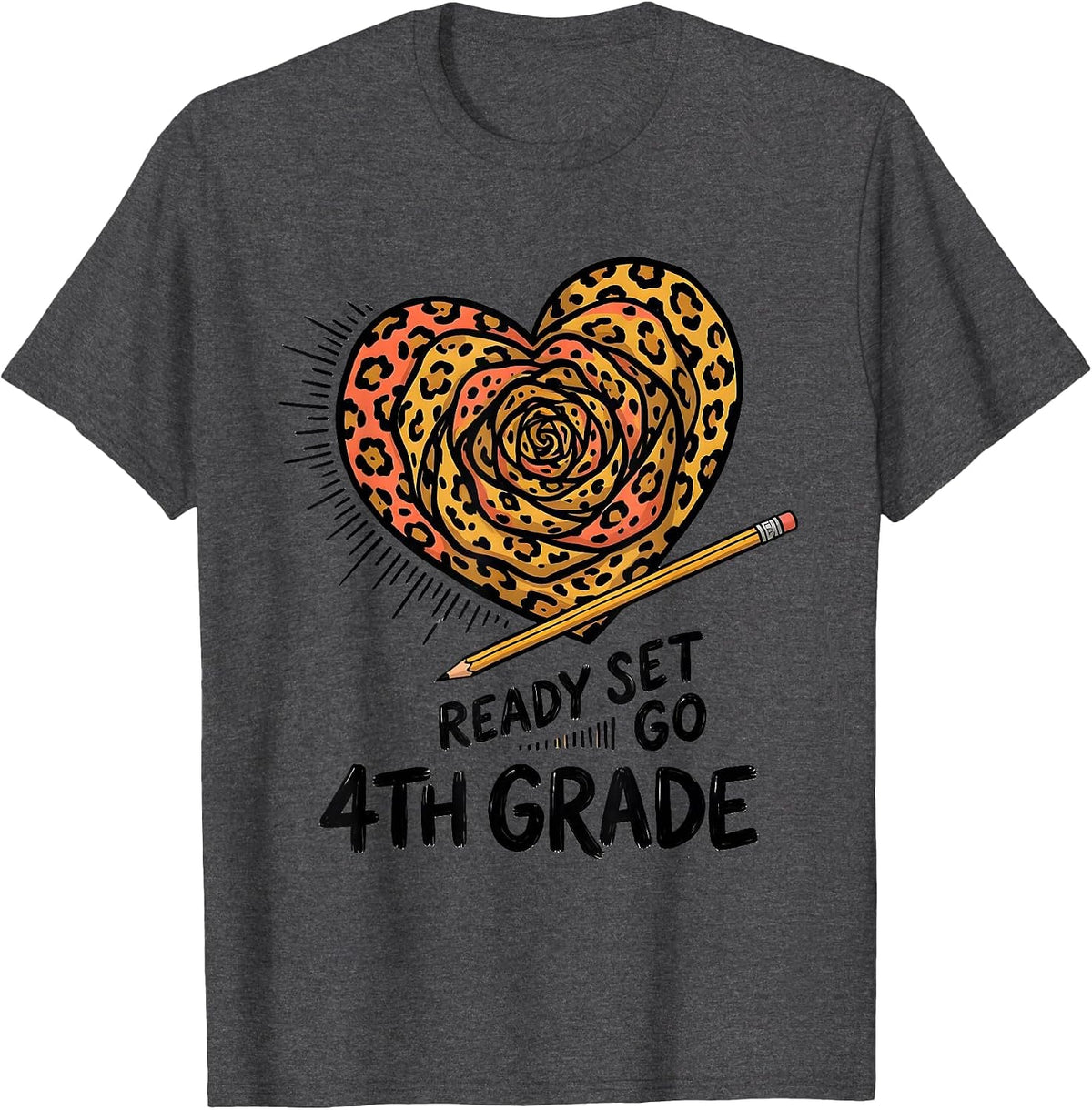 Ready Set Go 4th Grade Leopard Heart Back To School Girl T-Shirt - Dark Heather Grey