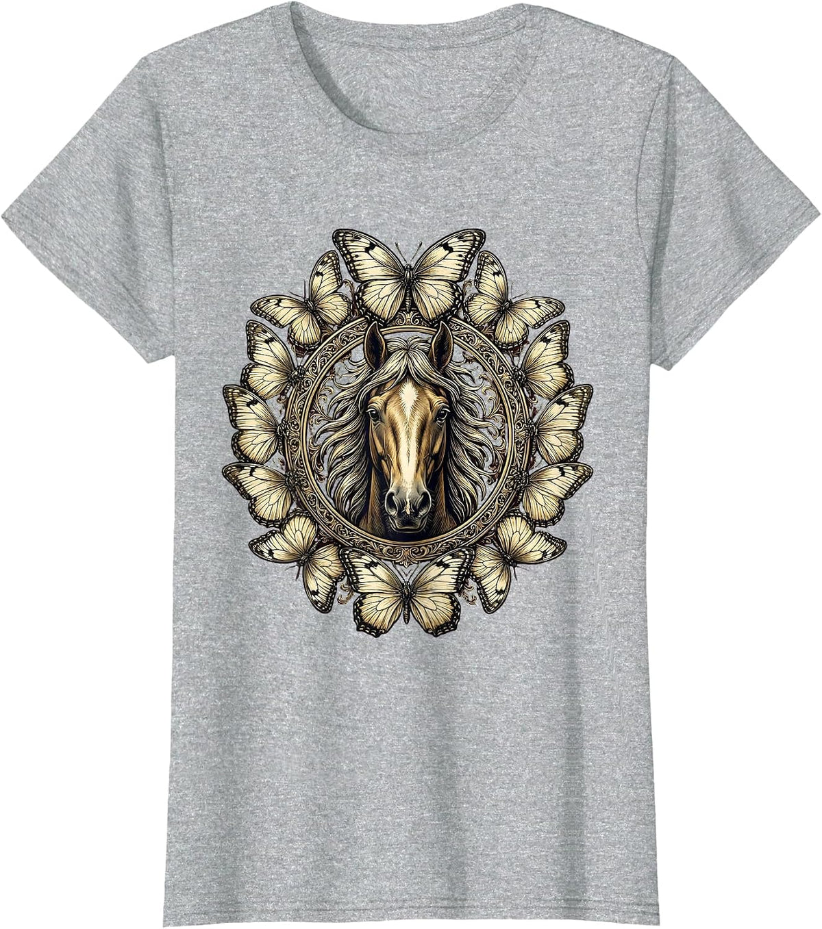 Horse Head and Butterflies Graphic Design T-Shirt - Heather Grey