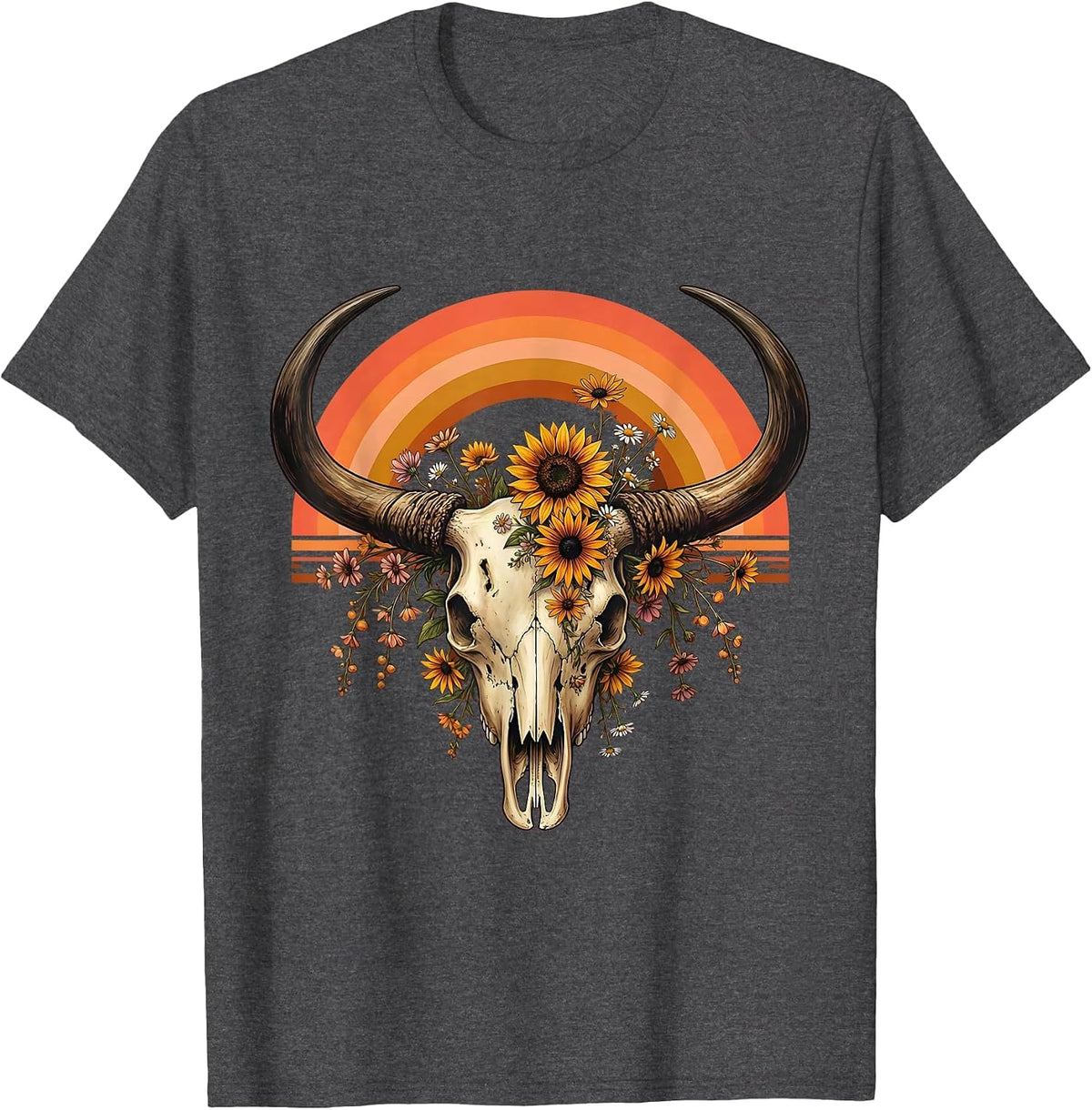 Longhorn Skull Prairie Wildflower Western Design T-Shirt - Dark Heather Grey
