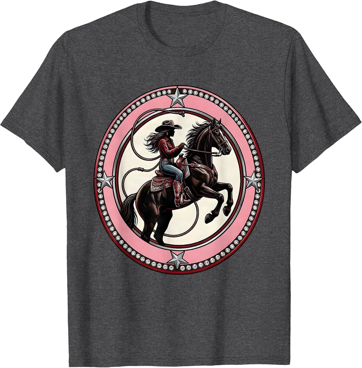 Men's Howdy Cowgirl Rearing Horse Western Riding Art T-Shirt - Dark Heather Grey