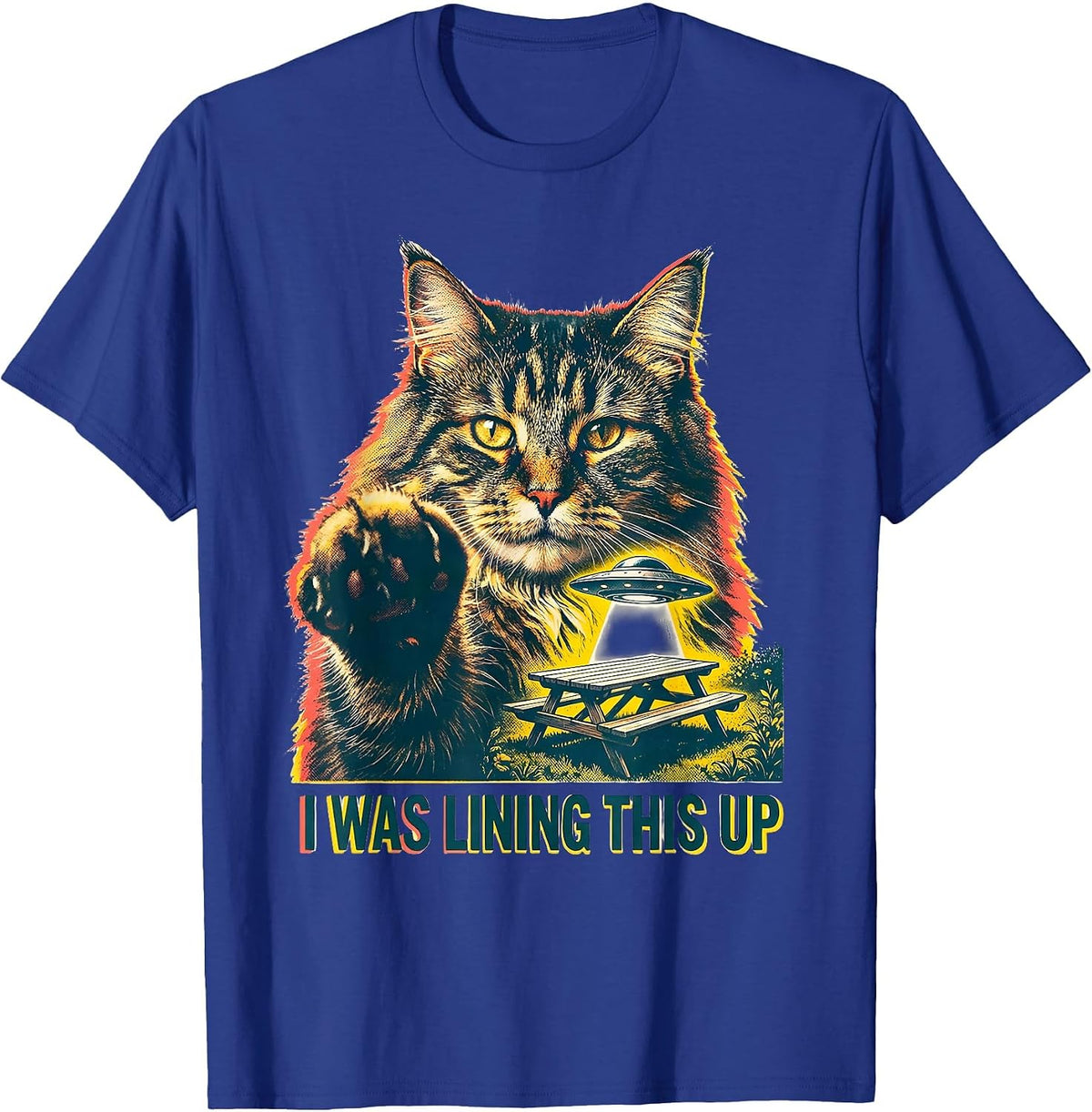 Men's I Was Lining This Up Risograph Funny Cat UFO Meme Novelty T-Shirt - Royal Blue