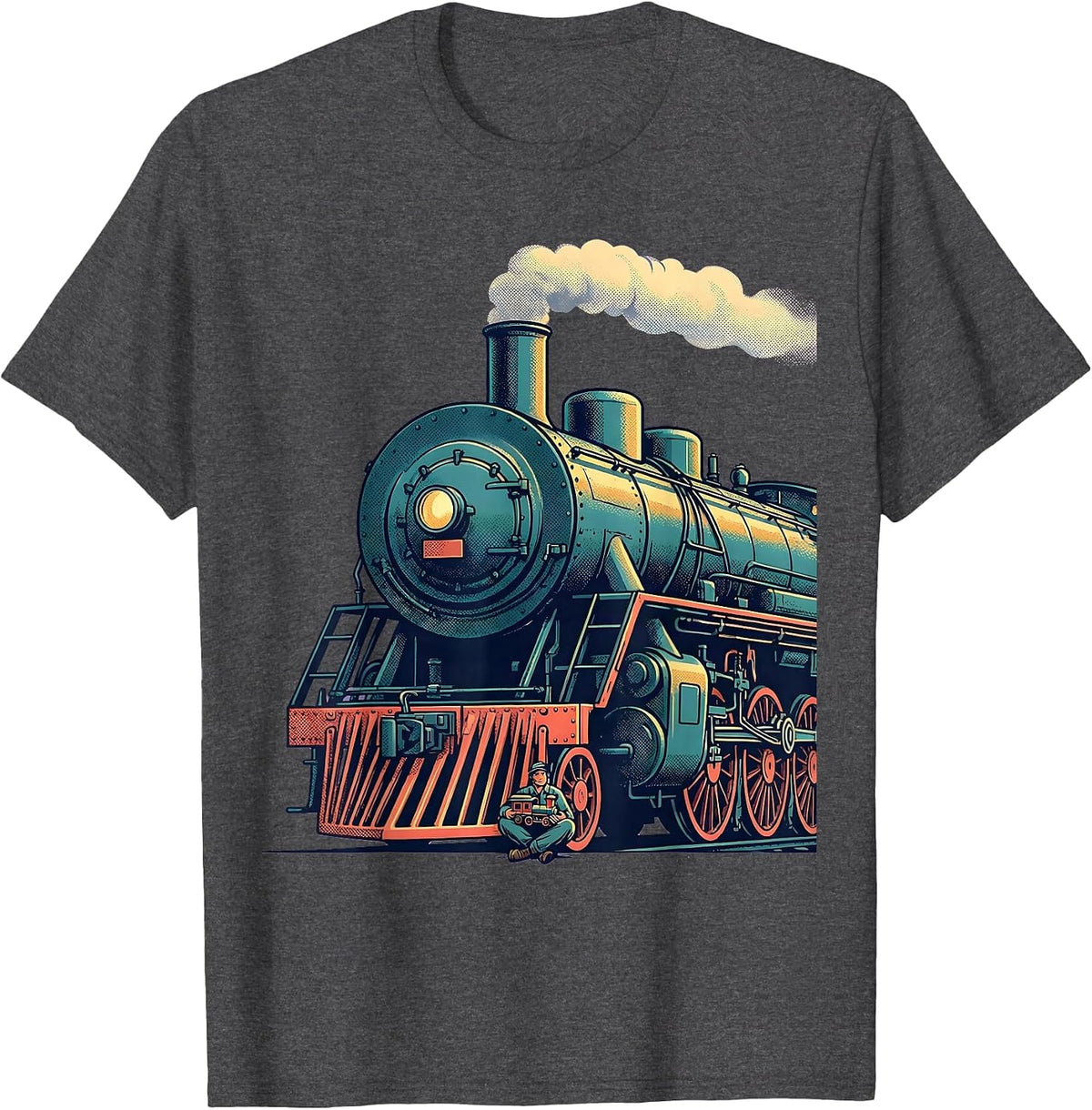 Men's Oversized Steam Locomotive Flat Vector Train Enthusiast T-Shirt - Dark Heather Grey
