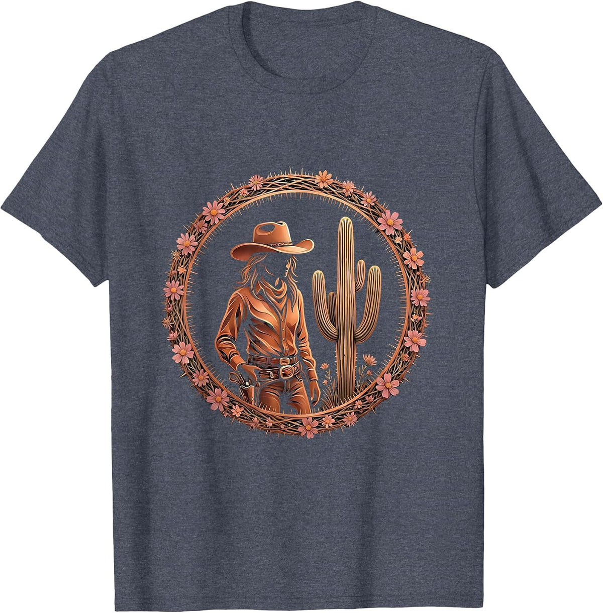White Cowgirl Tipping Hat by Saguaro Cactus T-Shirt - Heather Blue