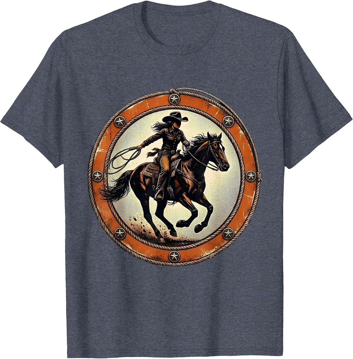 Cowgirl Riding Galloping Horse Graphic T-Shirt - Heather Blue