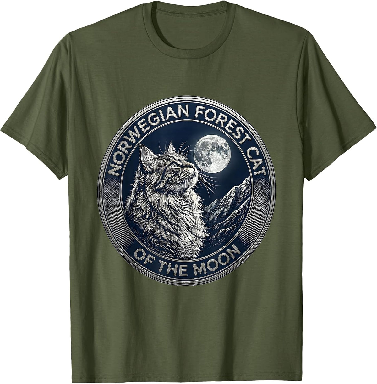 Norwegian Forest Cat Of The Moon Crosshatch Etching Retro T-Shirt - Olive Green