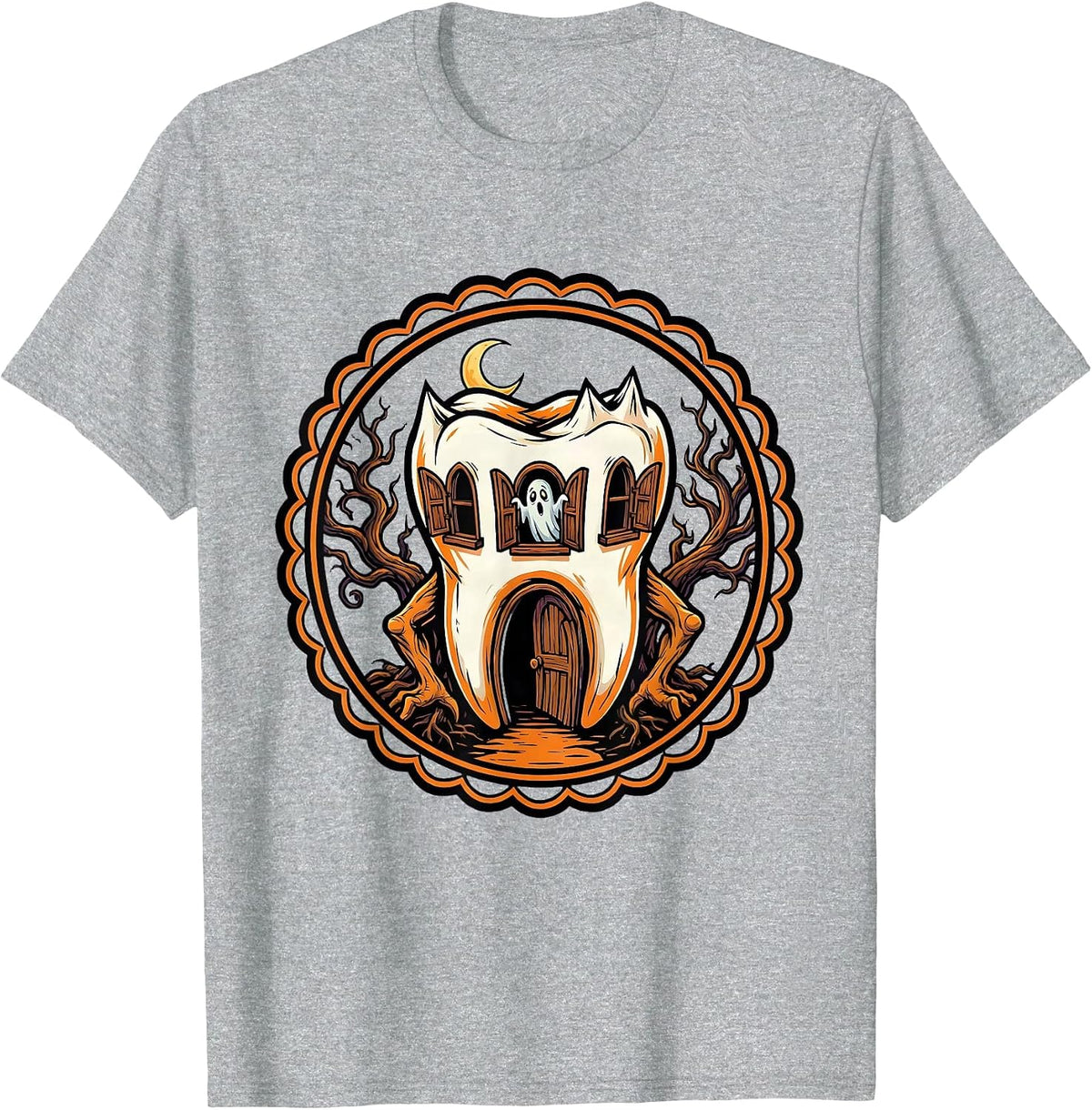 Men's Haunted Molar House Dental Halloween Design T-Shirt - Heather Grey