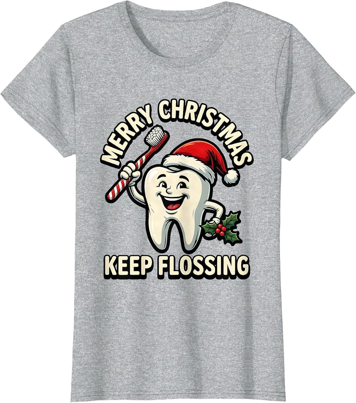 Women's Merry Christmas, Keep Flossing Funny Dental Christmas T-Shirt - Heather Grey