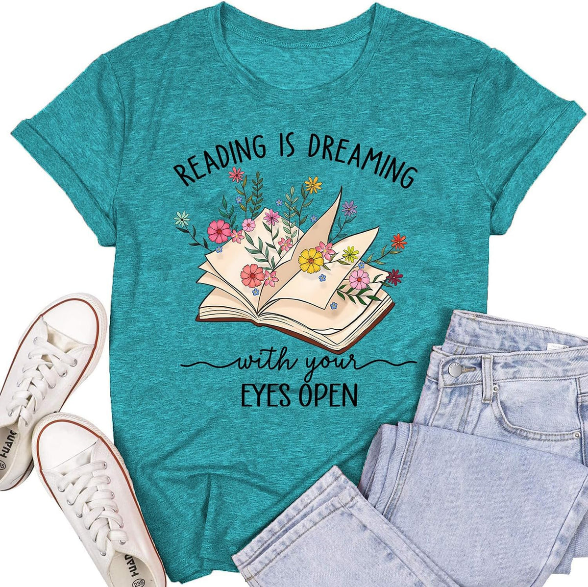 Womens Reading Shirts Book Lover Bookworms T-Shirt Book Heart Tops - A-cyan