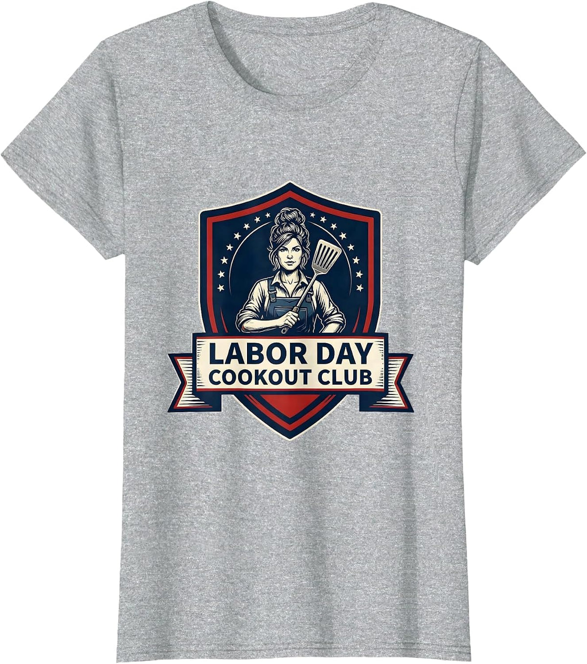 Women's Labor Day Cookout Club Patriotic Messy Bun Woman Holiday T-Shirt - Heather Grey