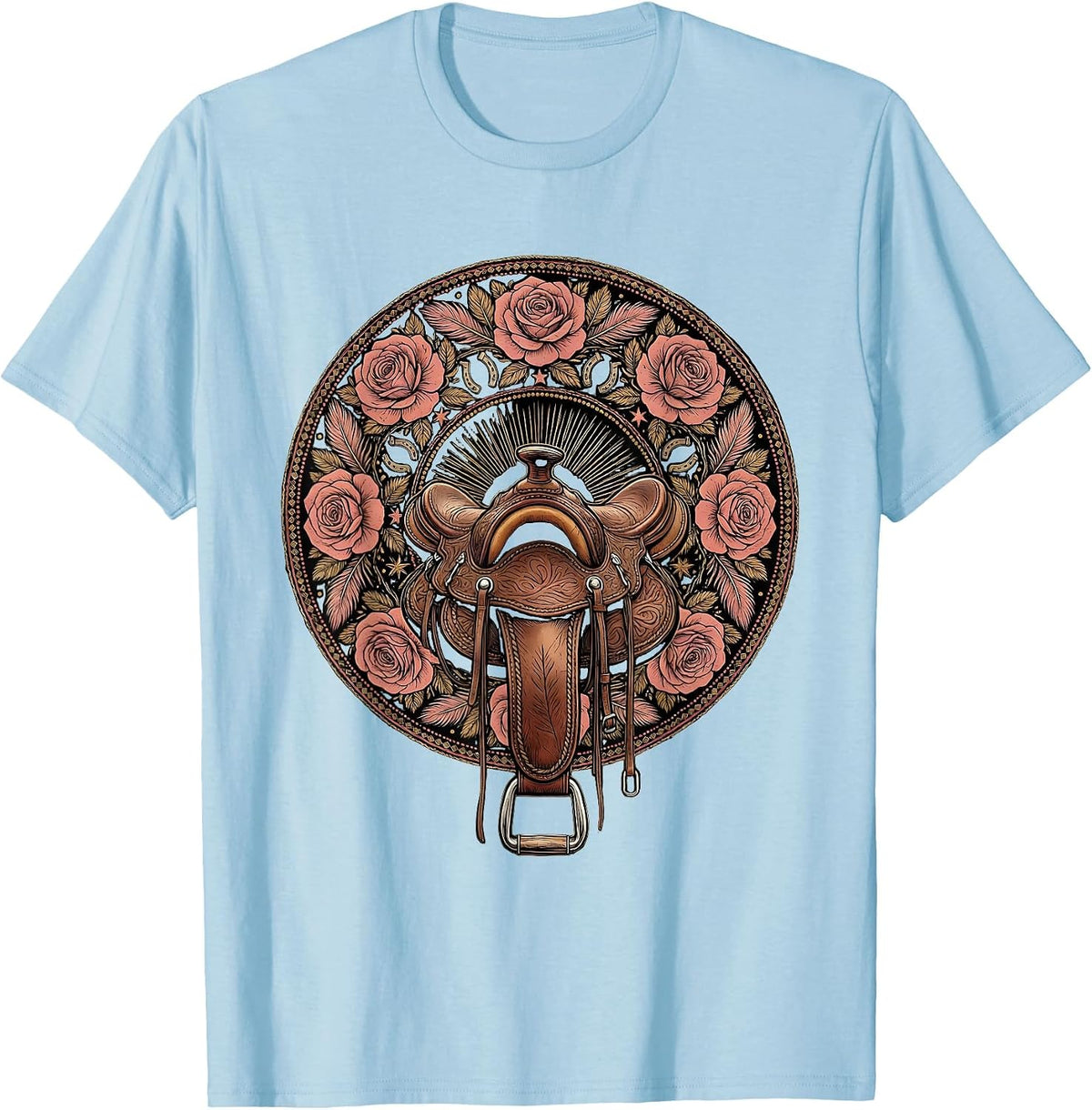 Men's Western Saddle with Roses Rodeo Graphic T-Shirt - Baby Blue