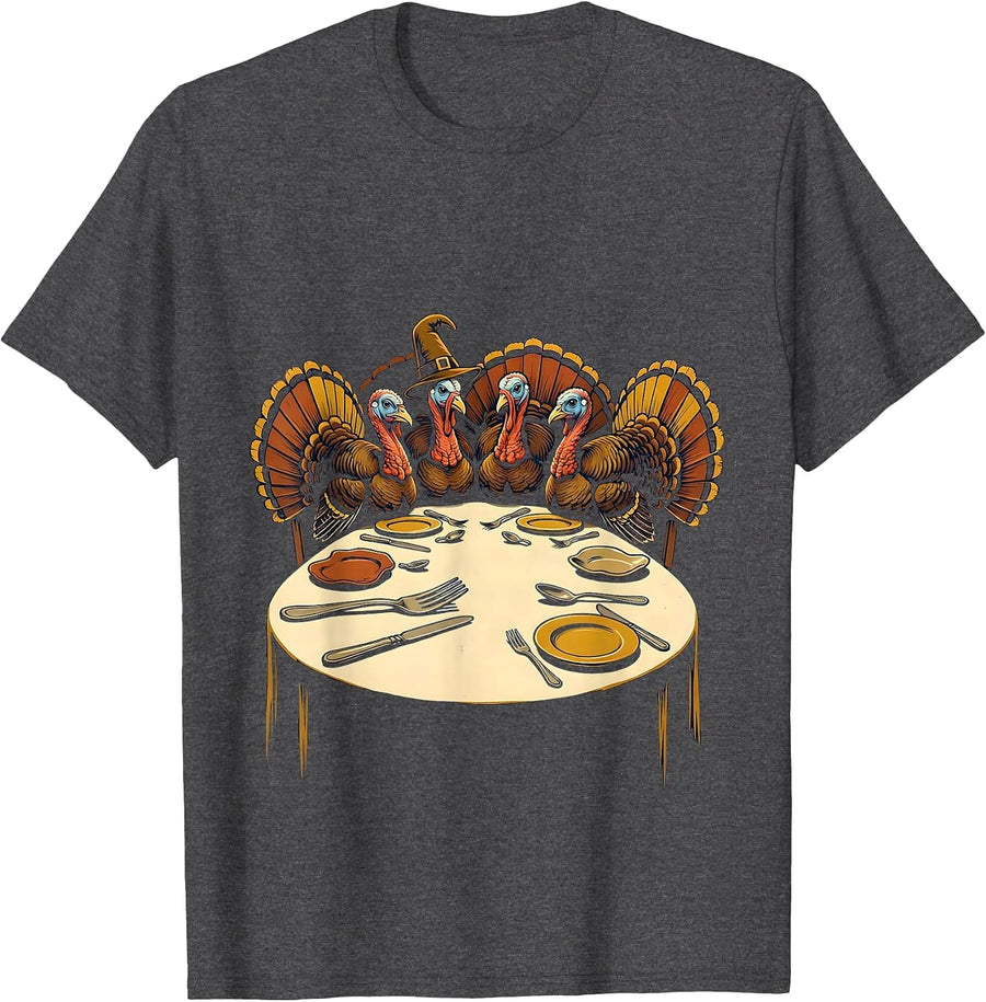 Men's Vintage Turkey Family Dinner Thanksgiving Gathering T-Shirt - Dark Heather Grey