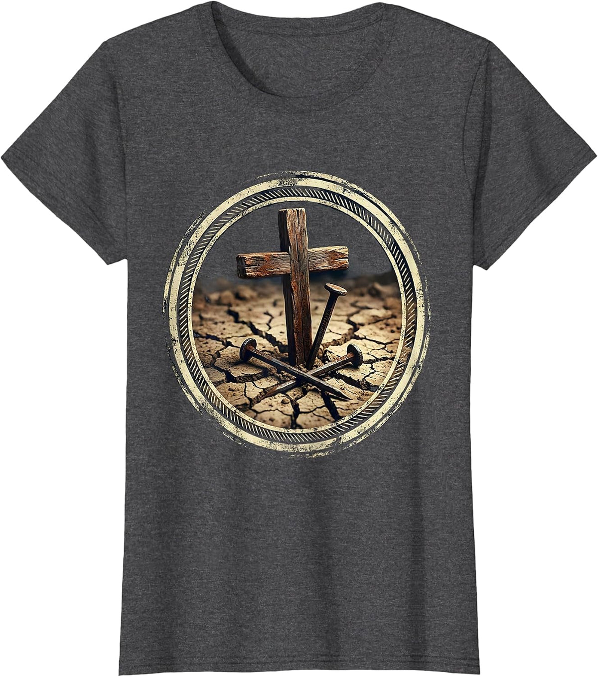 Women's Three Nails Cross Rising from Cracked Earth T-Shirt - Dark Heather Grey