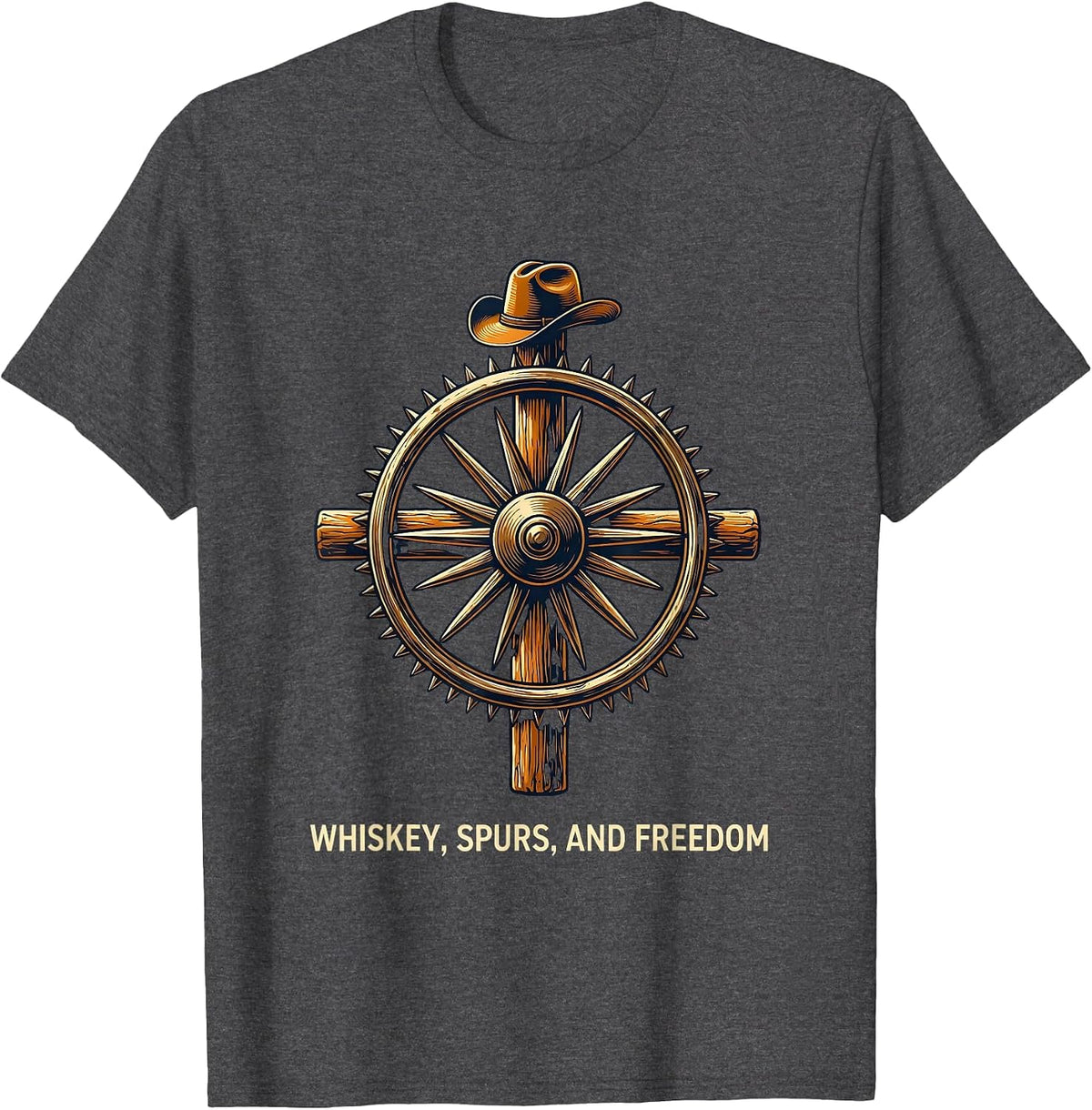 Men's Whiskey Spurs and Freedom Western Design T-Shirt - Dark Heather Grey