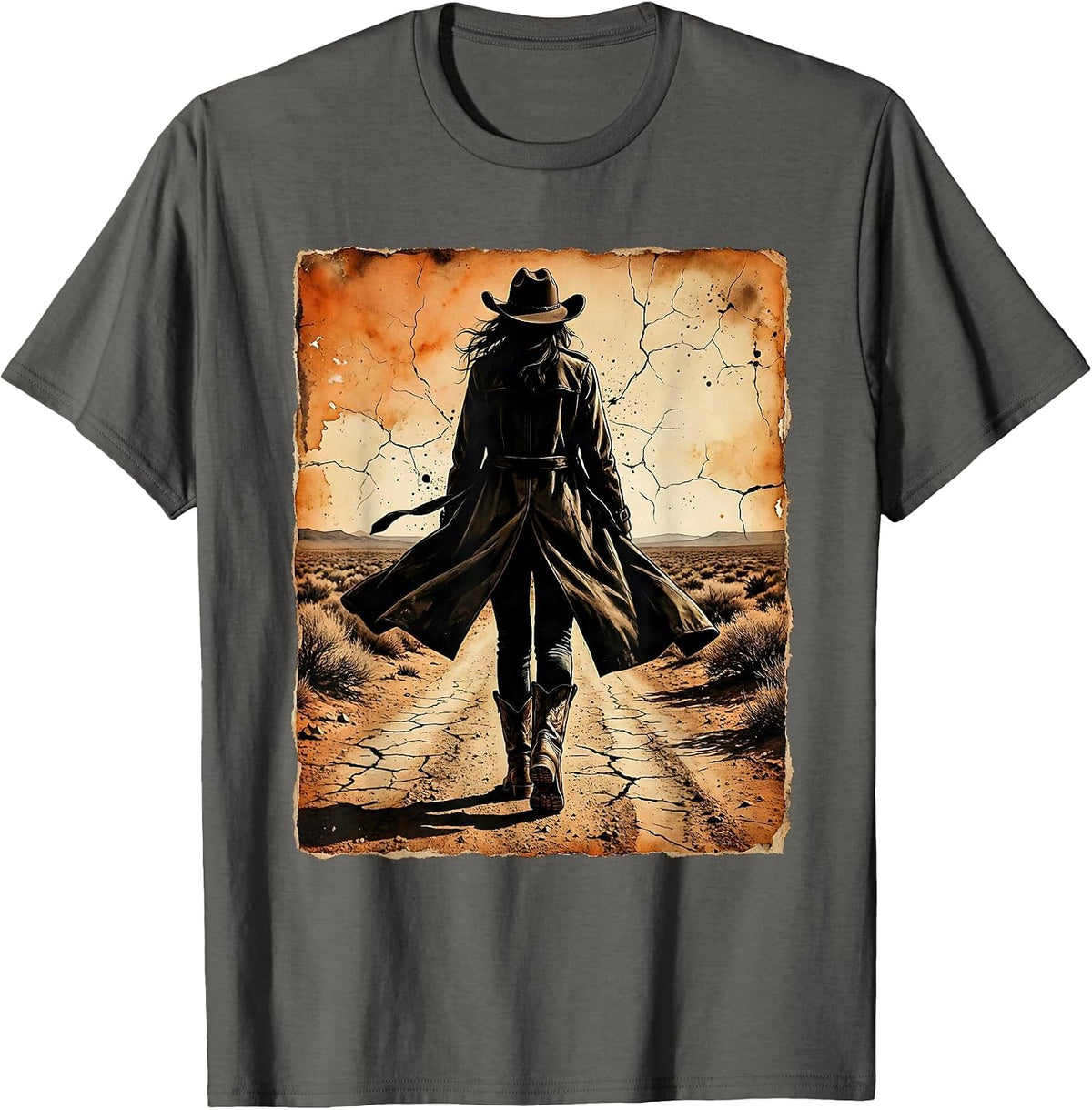 Cowboy Duster Coat Dusty Trail Walking Graphic T-Shirt - Asphalt Grey