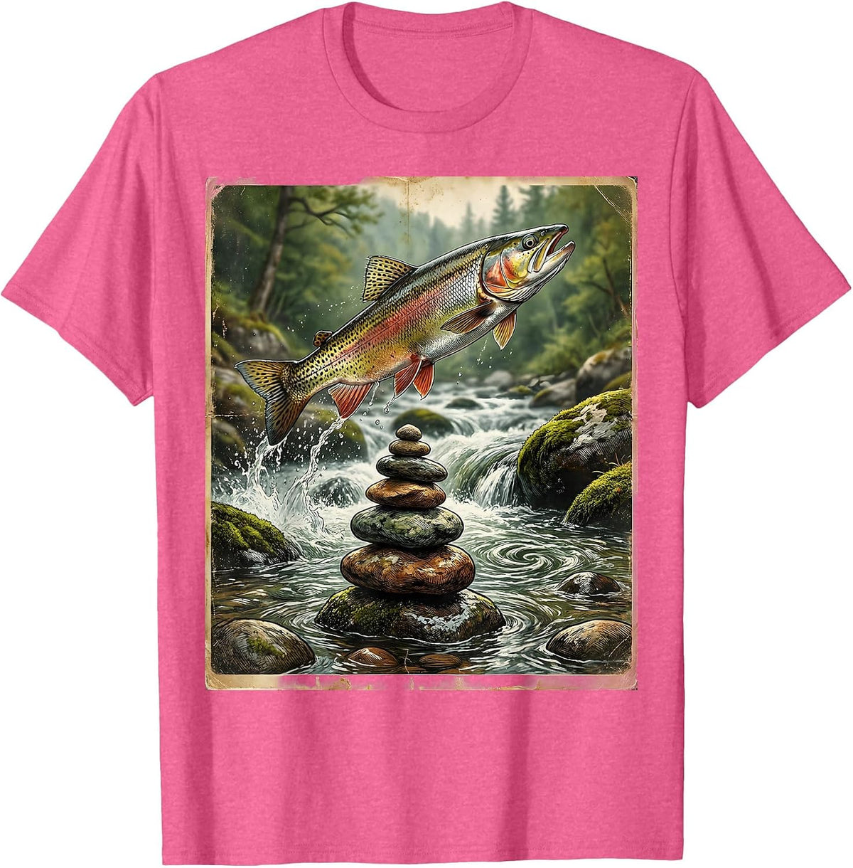 Men's Stacked River Rocks Trout Stream Fishing Graphic T-Shirt - Pink Heather
