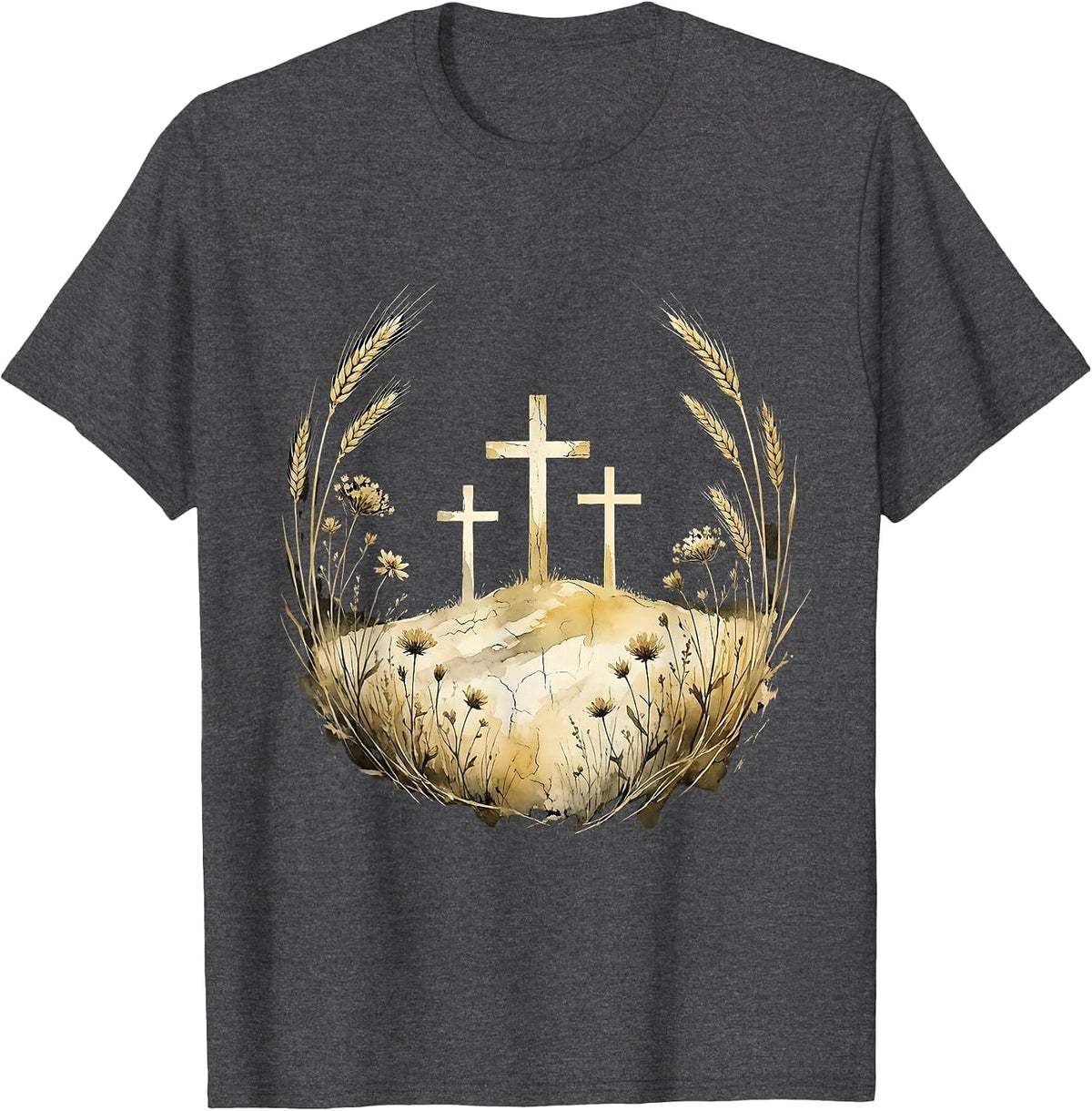 Three Crosses Hilltop Silhouette Christian Design T-Shirt - Dark Heather Grey