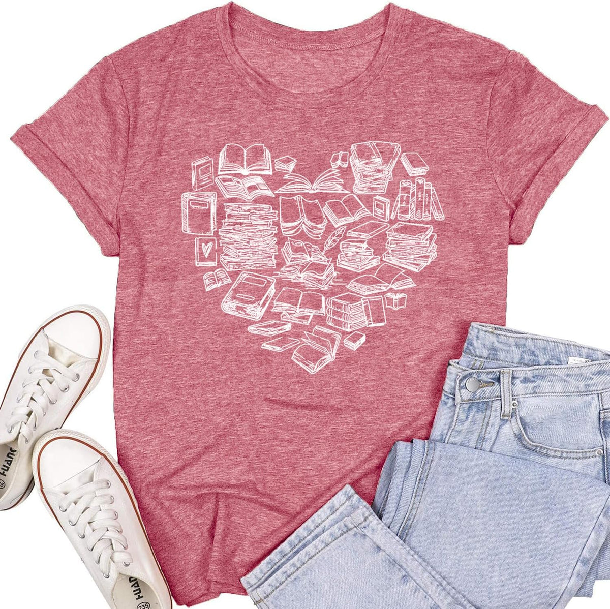 Womens Reading Shirts Book Lover Bookworms T-Shirt Book Heart Tops - Pink