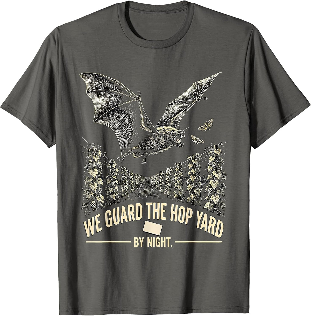 We Guard The Hop Yard By Night Vintage Bat Lover Wildlife T-Shirt - Asphalt Grey