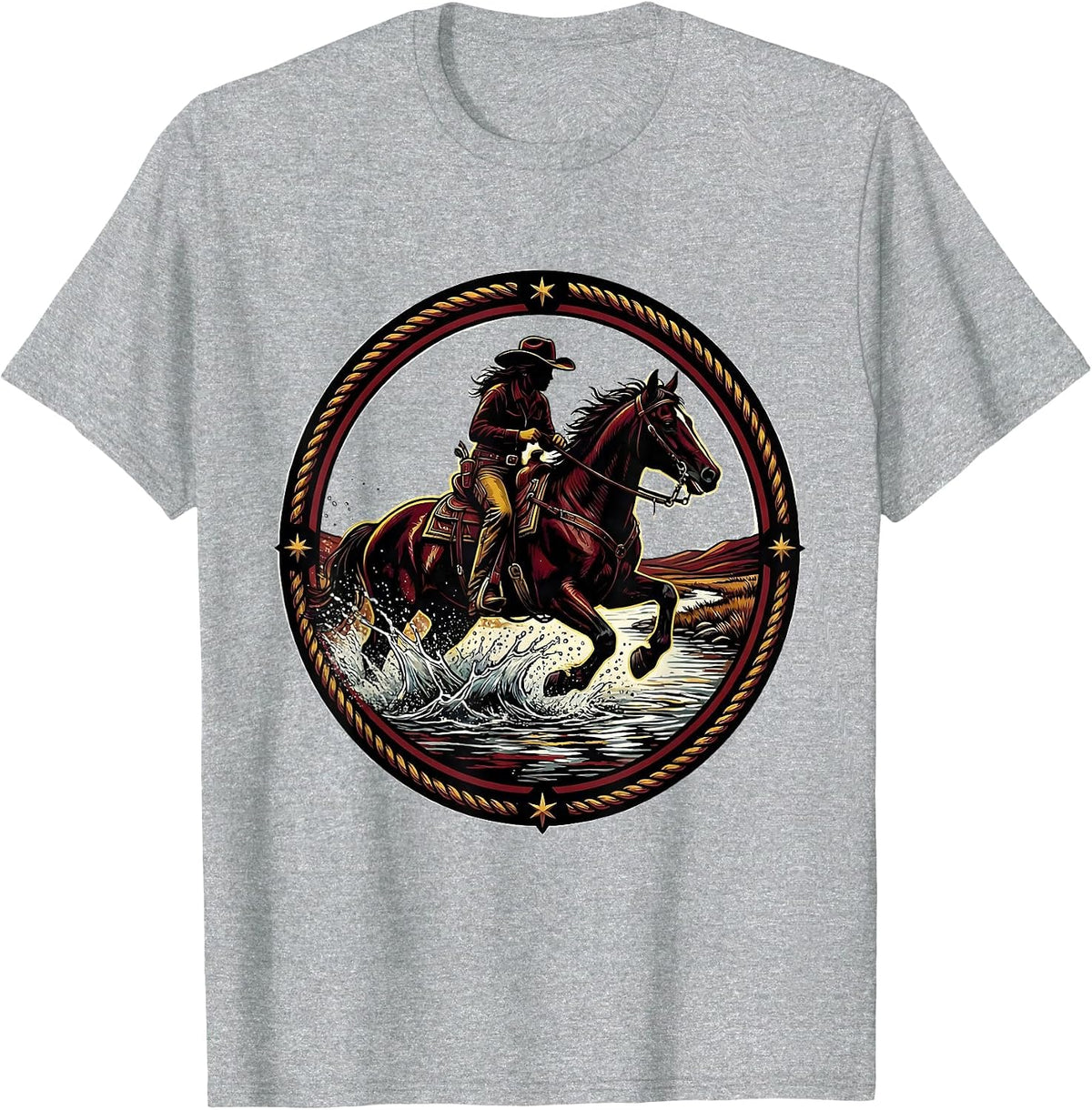 Men's Cowgirl Riding Horse Through River Crossing T-Shirt - Heather Grey