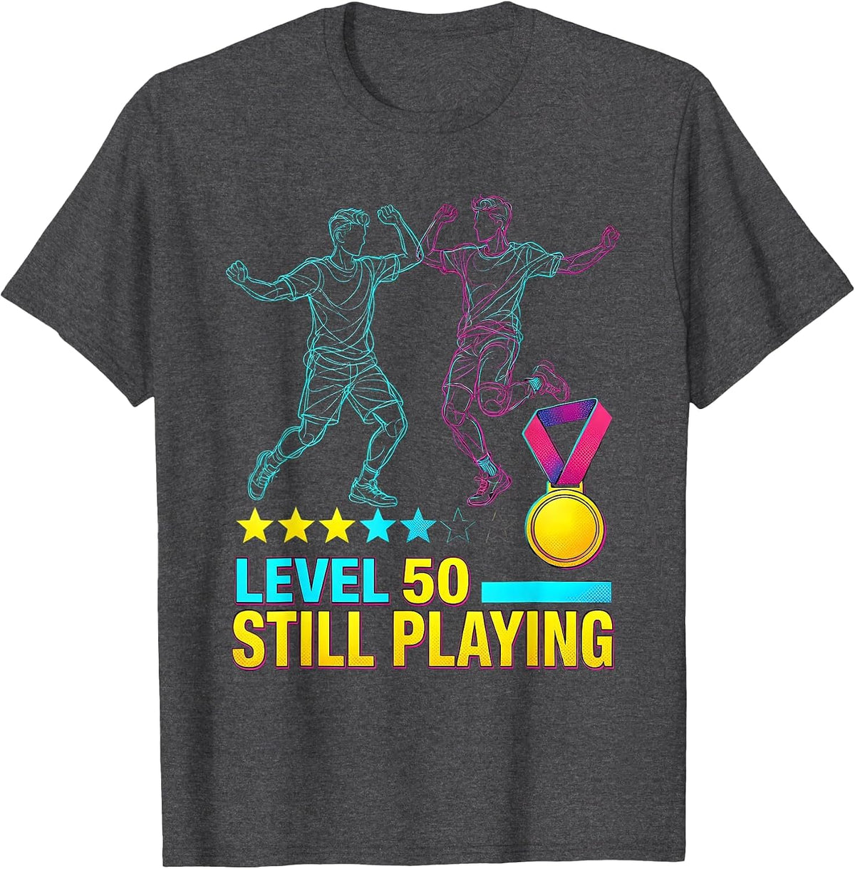 Men's Level 50 Still Playing Pop Art Bachelor Party Anniversary T-Shirt - Dark Heather Grey