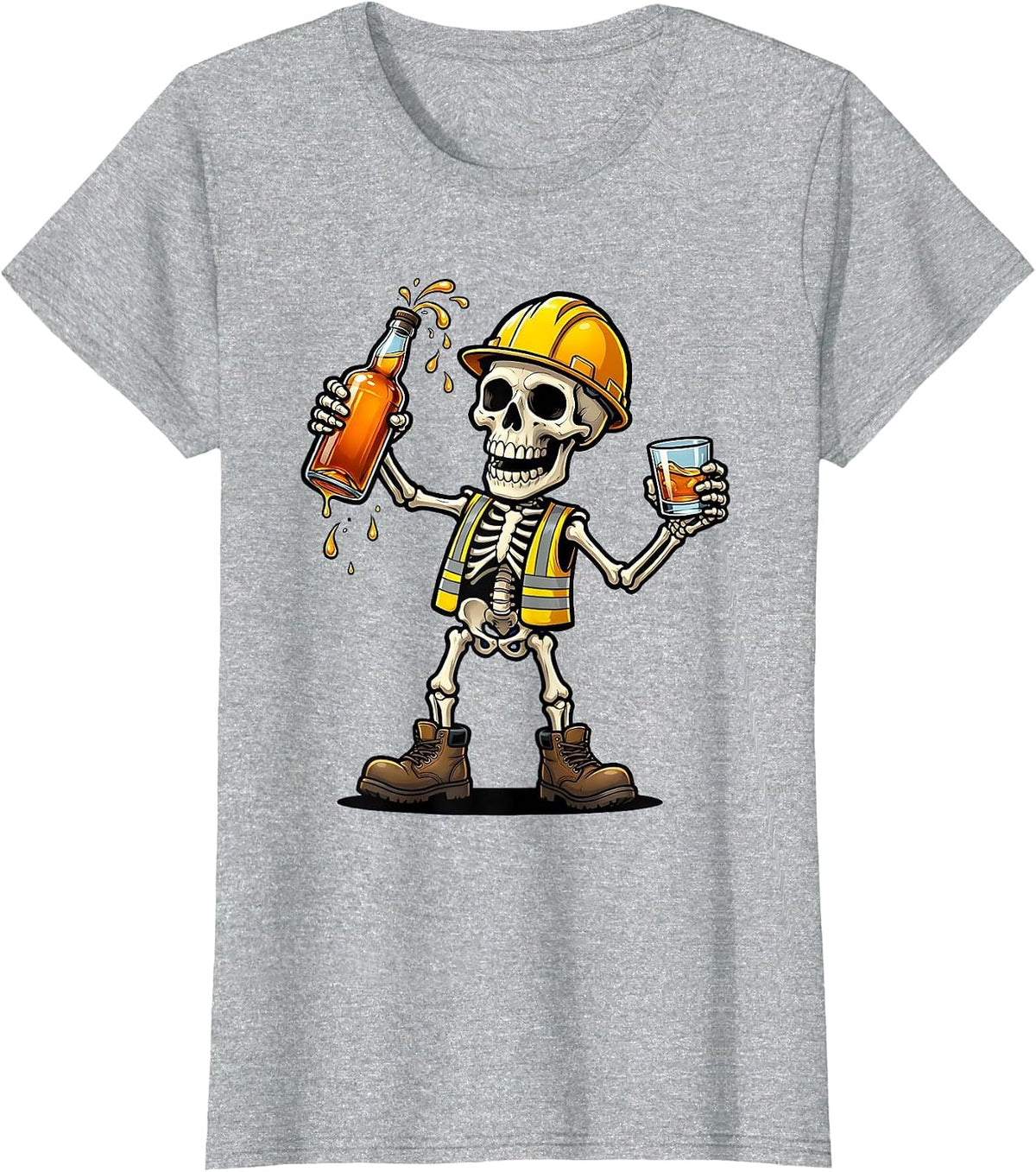 Skeleton Construction Worker Whiskey Labor Day T-Shirt - Heather Grey