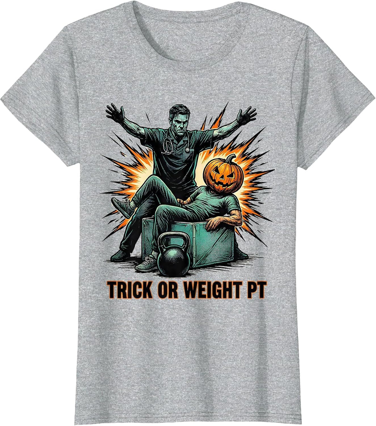 Women's Trick Or Weight PT Comic Ghost Physical Therapy Halloween T-Shirt - Heather Grey