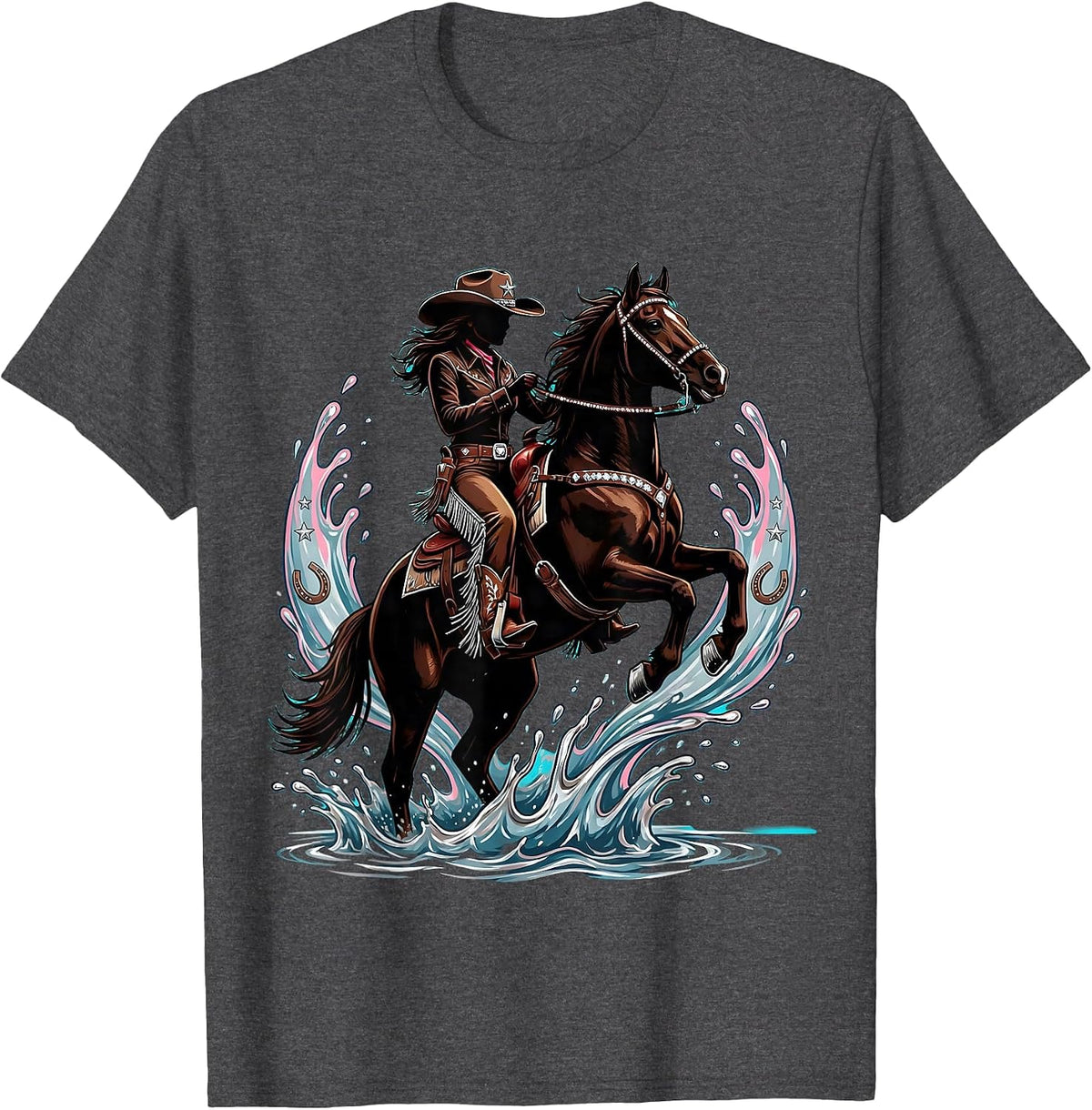 Cowgirl Riding Horse Through Splashing River T-Shirt - Dark Heather Grey