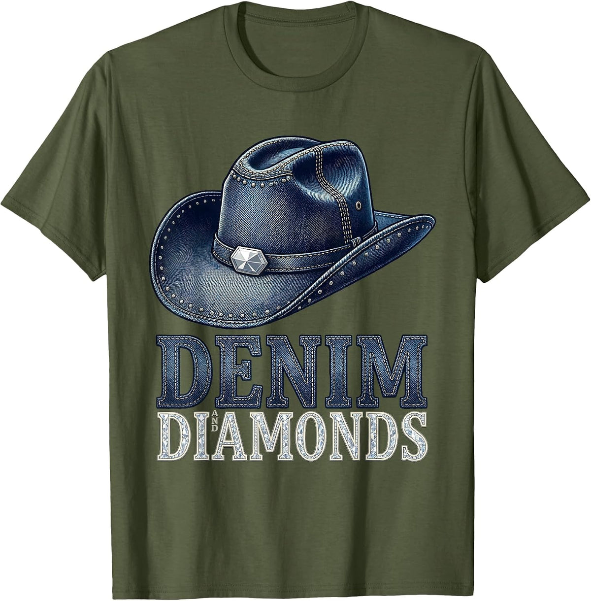 Denim and Diamonds Western Cowgirl Glam Style T-Shirt - Olive Green