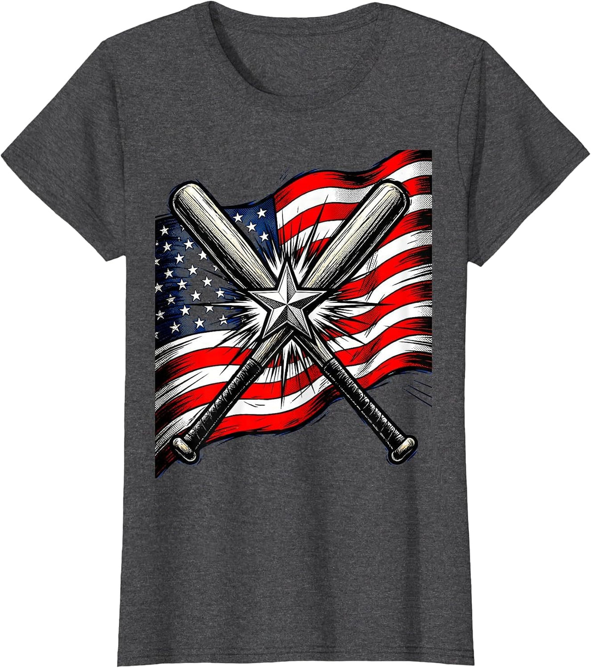 Women's Boys Red White and Blue Crossed Baseball Bats T-Shirt - Dark Heather Grey