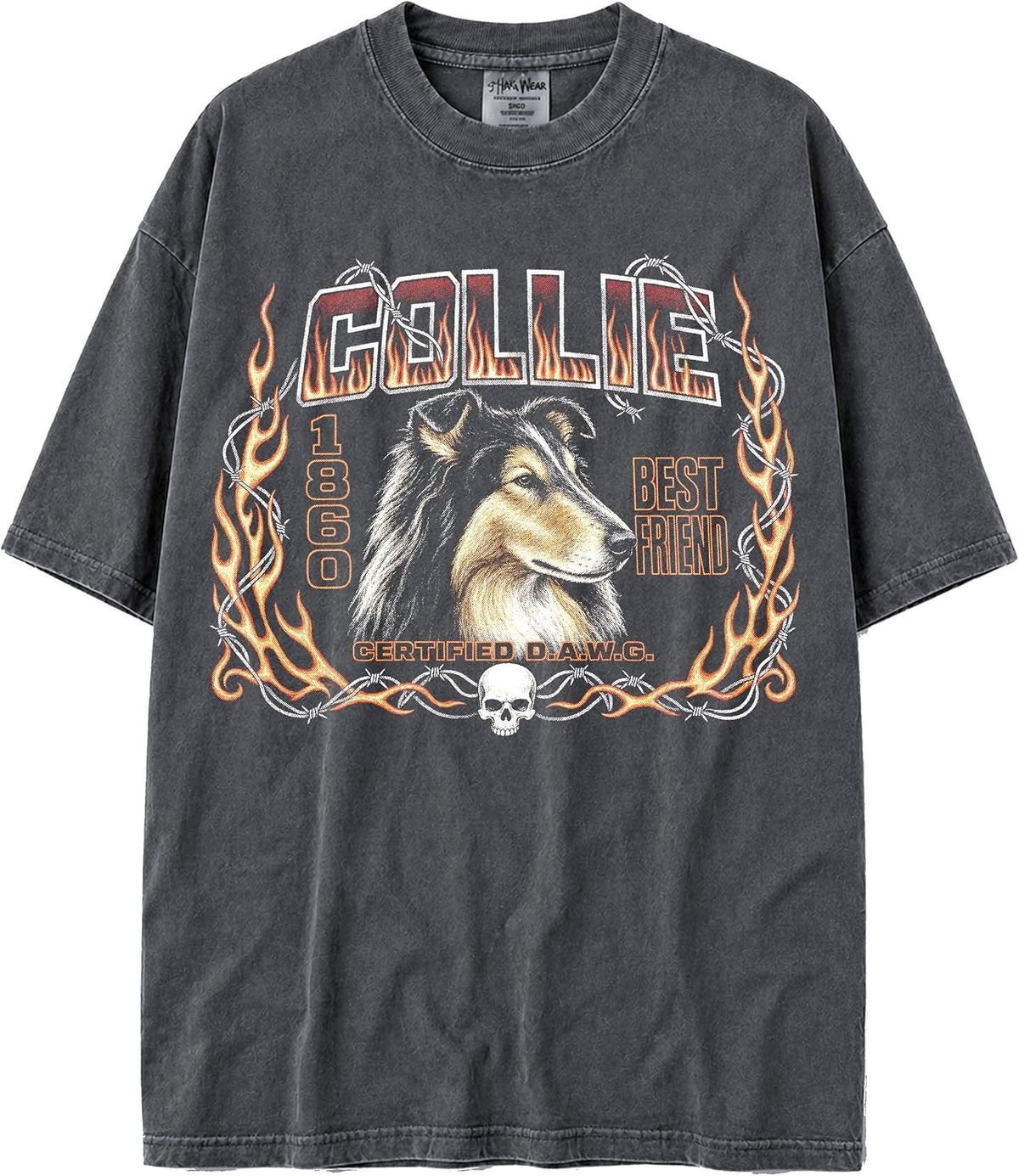 U.S.A. MAX-Heavyweight Shaka Wear Oversized 7.5oz Cotton Faded Tshirt Biker Graphic with Flames and Barbed Wire - Rough