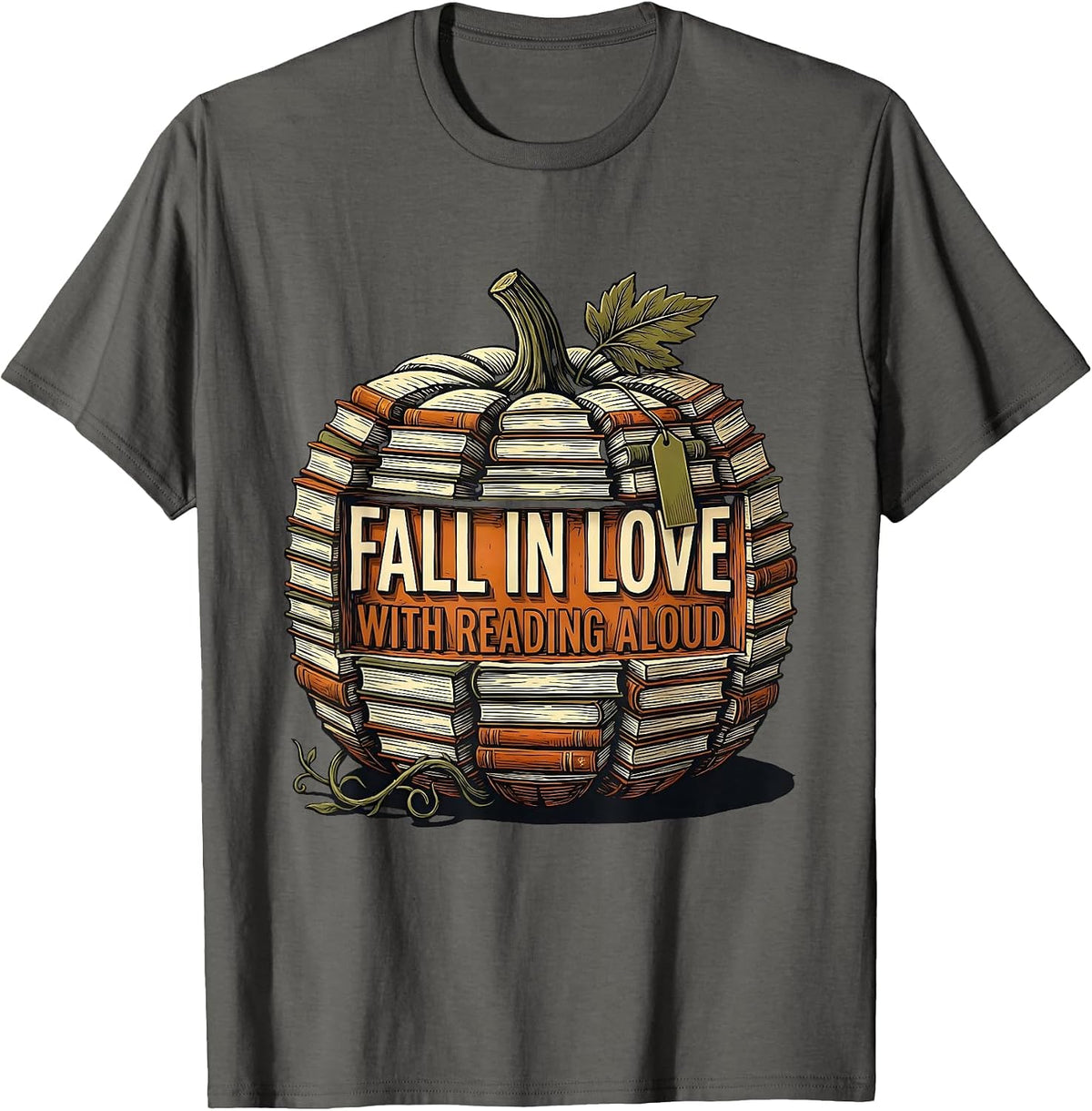 Fall In Love With Reading Aloud Linocut Pumpkin Teacher T-Shirt - Asphalt Grey