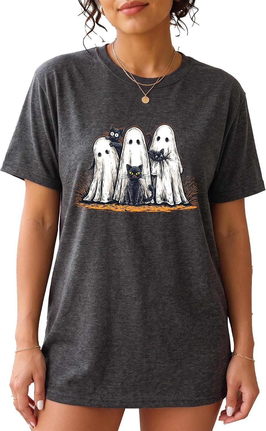 Ghosts and Black Cats Cute Halloween Graphic Tee - Dark Heather