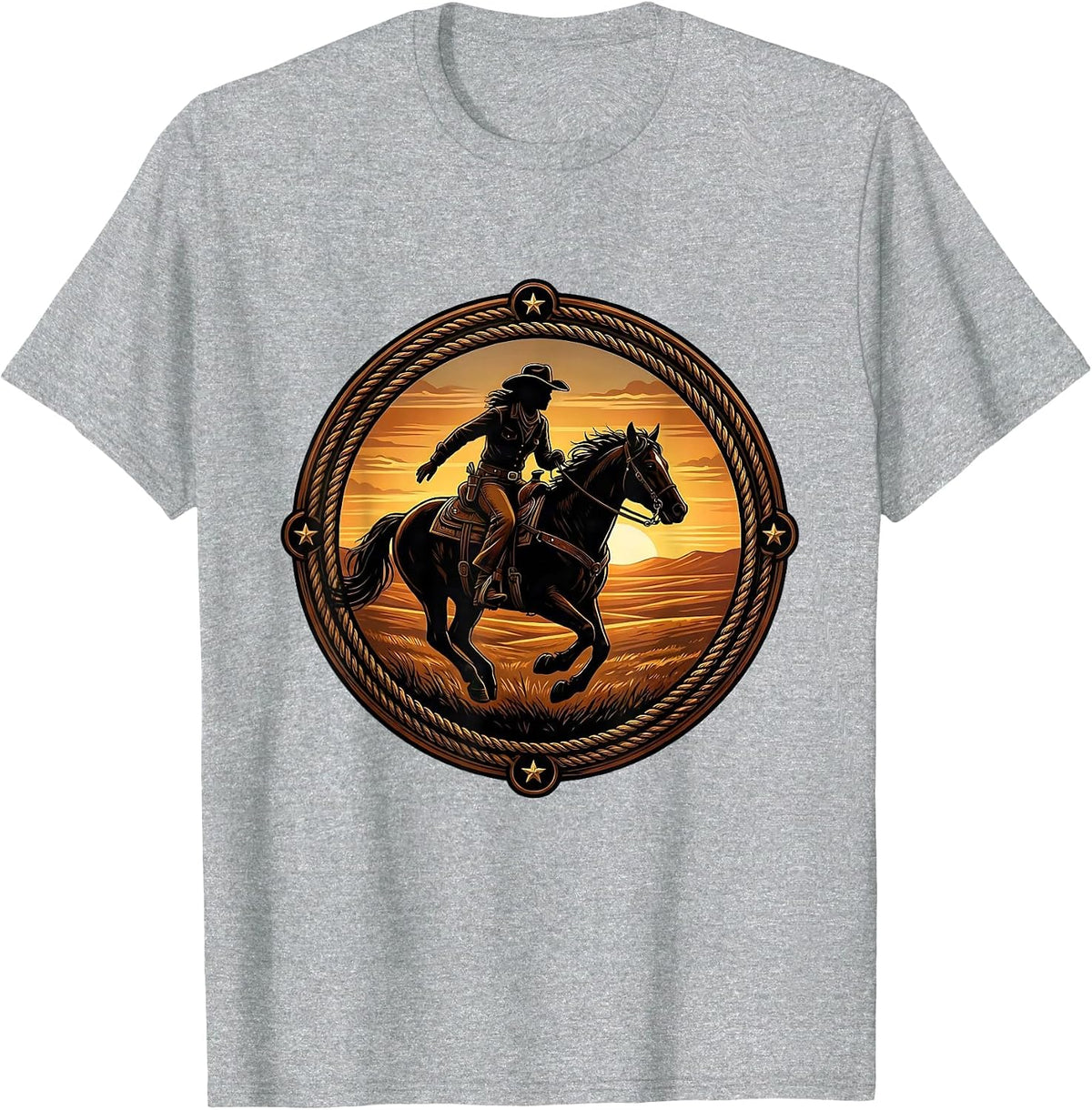 Men's Cowgirl Silhouette Riding Horse at Sunset T-Shirt - Heather Grey