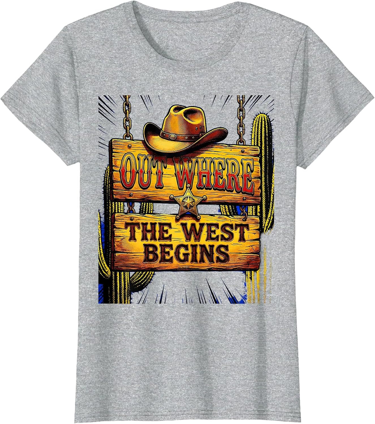 Women's Out Where The West Begins Cowgirl Design T-Shirt - Heather Grey