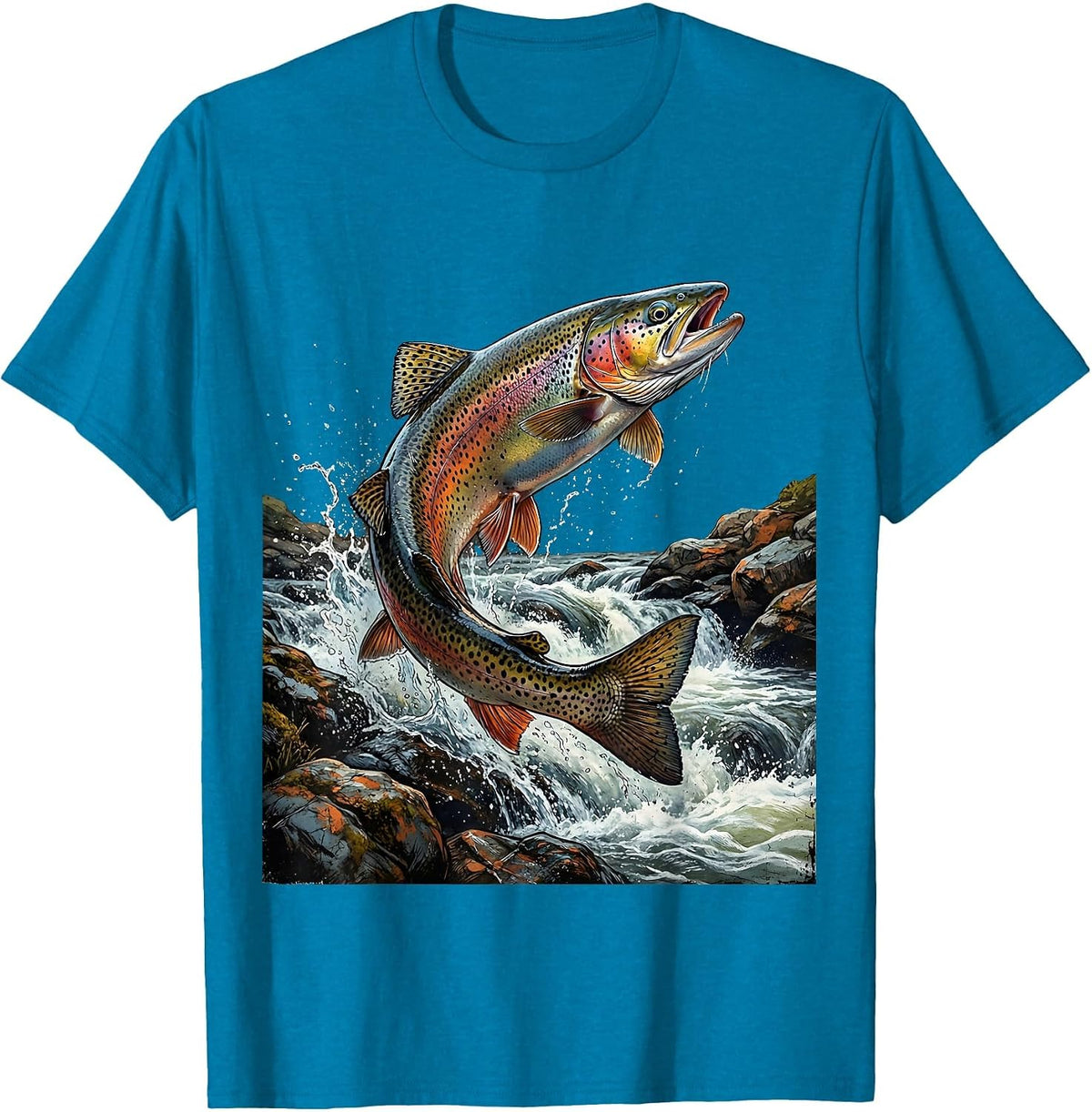 Trout Upstream Rapids Fishing Graphic Design T-Shirt - Sapphire Blue