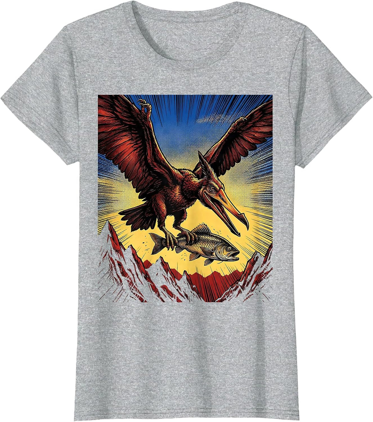 Pterodactyl Flying Over Mountains With Fish T-Shirt - Heather Grey