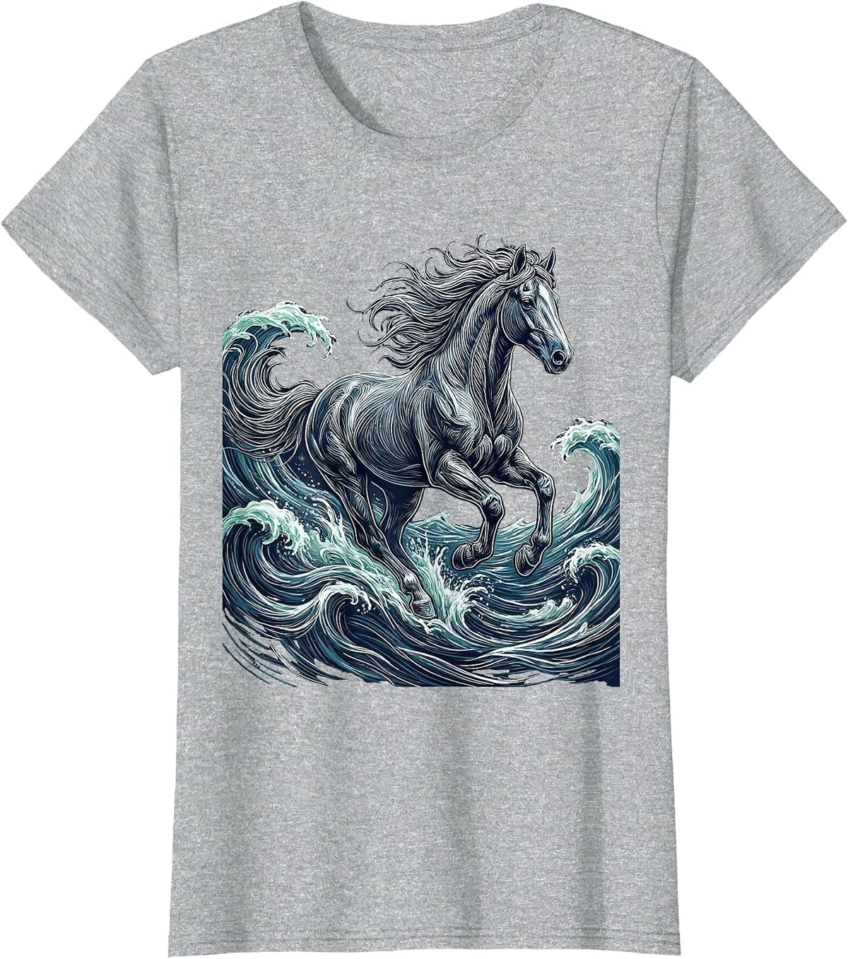Horse Galloping Through Ocean Waves Graphic T-Shirt - Heather Grey