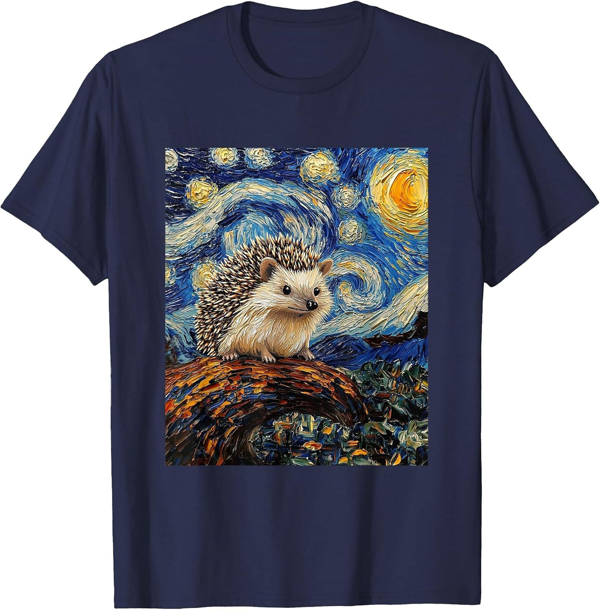 Hedgehog Van Gogh Style Starry Night Cute Graphic T-Shirt - Navy Blue