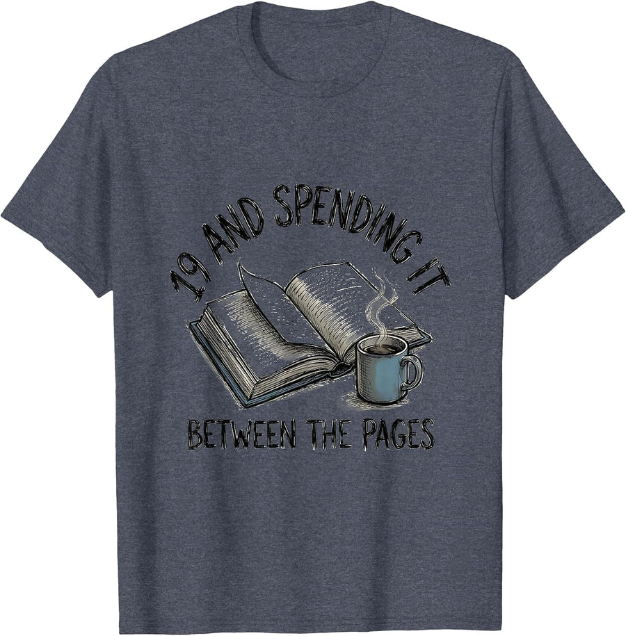 19 And Spending It Between The Pages Hand Sketched Bookworm T-Shirt - Heather Blue