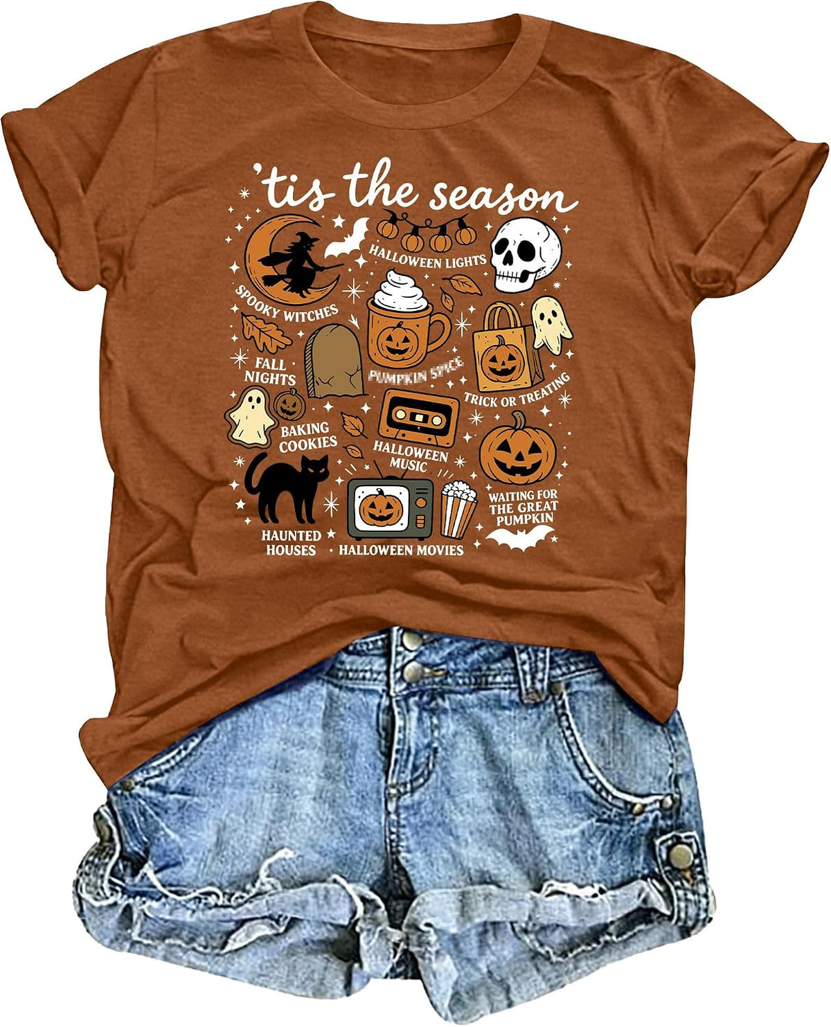 Halloween Shirts for Women Spooky Season Short Sleeve Tis The Season Tee - Brown