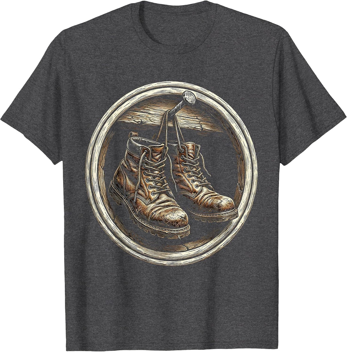 Worn Work Boots on a Nail Graphic T-Shirt - Dark Heather Grey