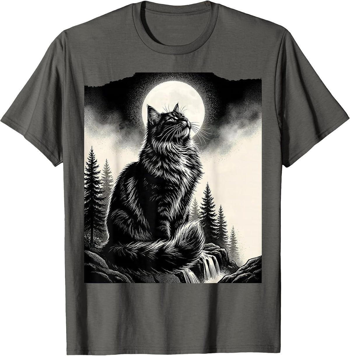 Men's Norwegian Forest Cat Howling at Moon Retro Fantasy T-Shirt - Asphalt Grey
