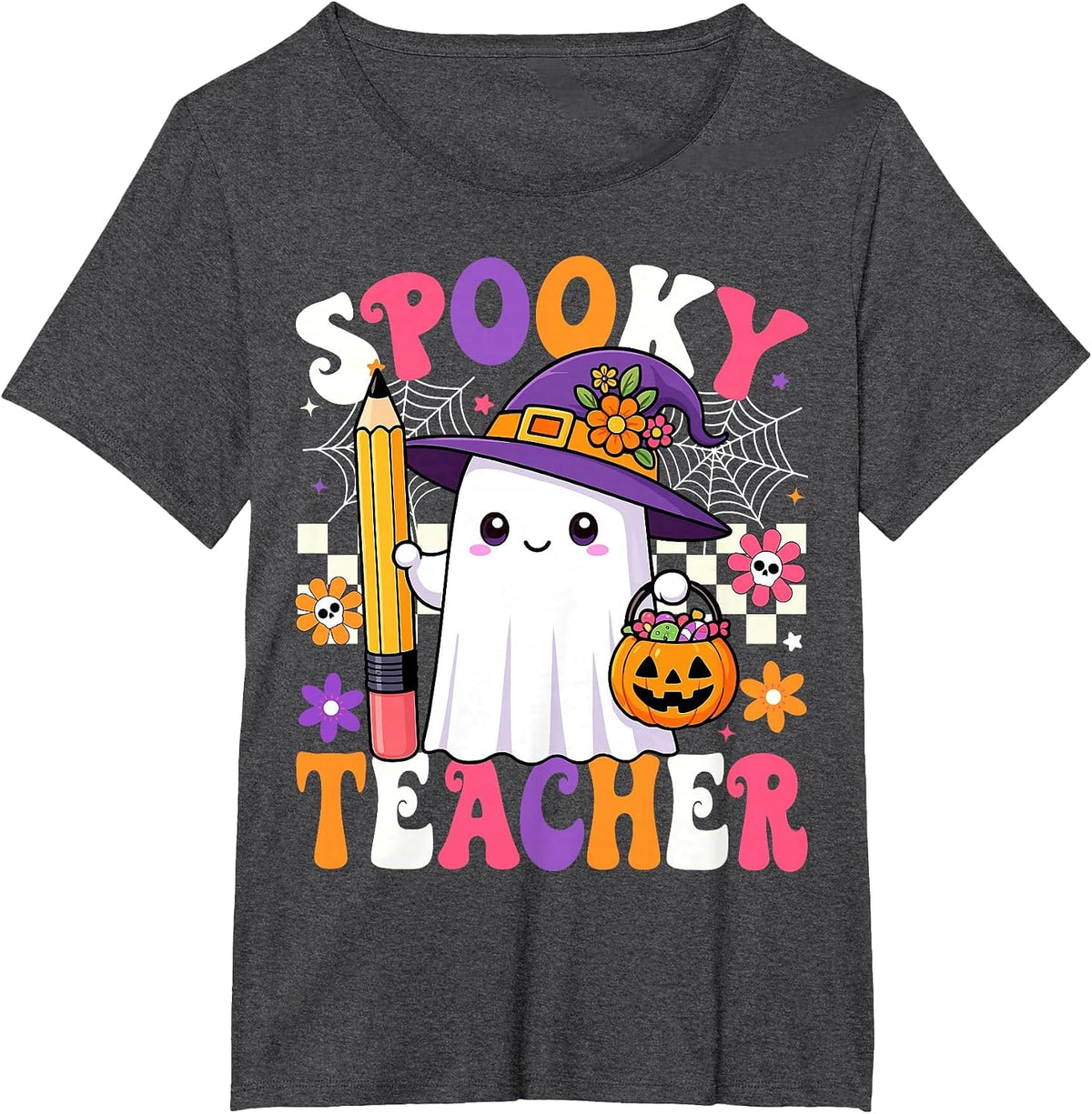 Spooky Teacher Ghost Pencil Teach Funny Halloween Teacher T-Shirt - Dark Heather Grey