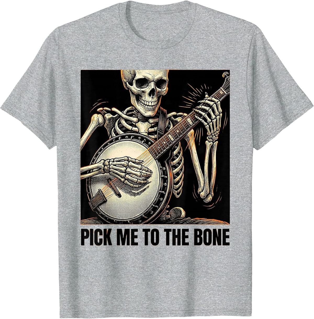 Men's Pick Me To The Bone Funny Skeleton Banjo Player Halloween T-Shirt - Heather Grey