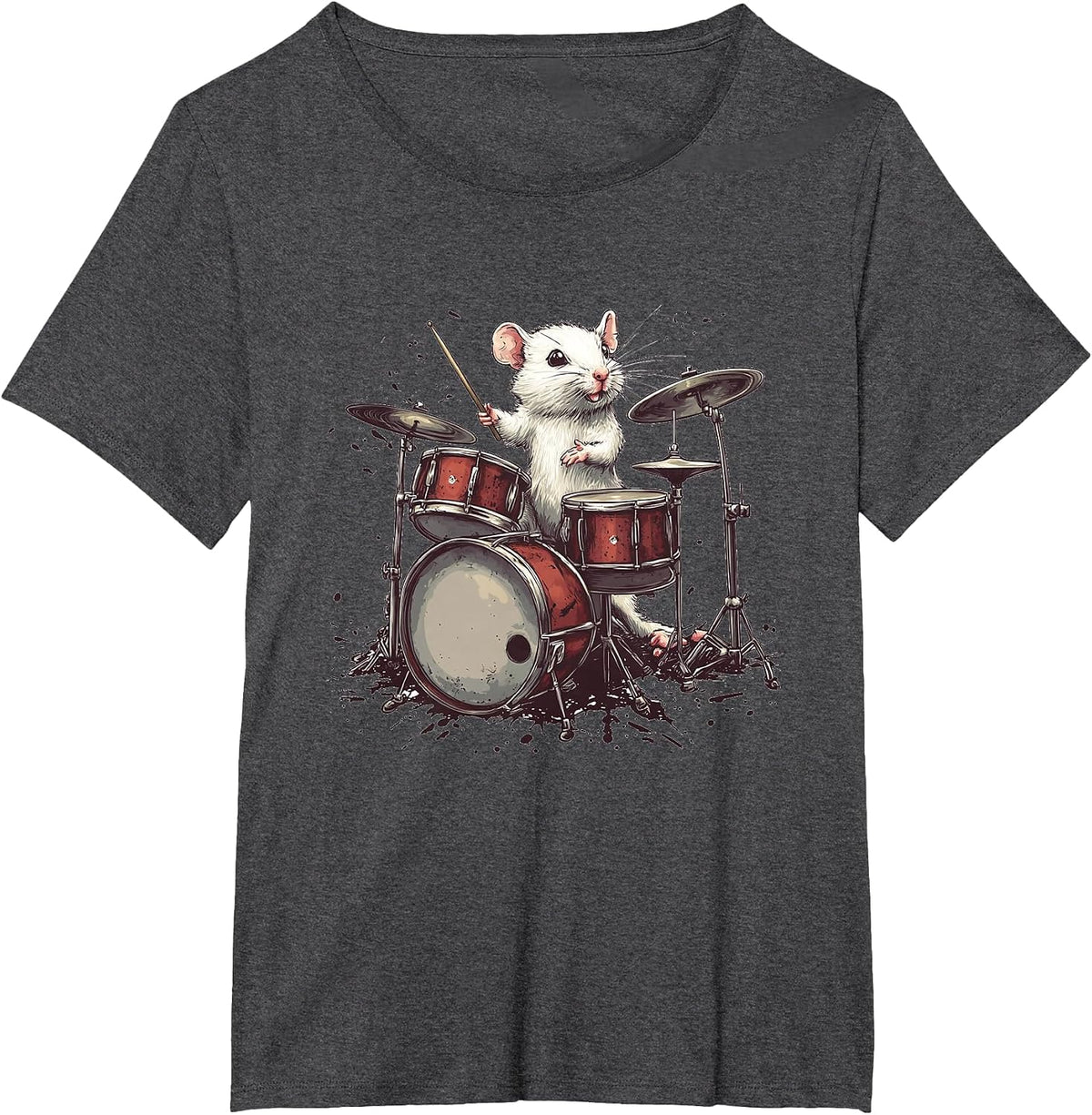 Rock the Stage with This White Rat and Drums T-Shirt - Dark Heather Grey