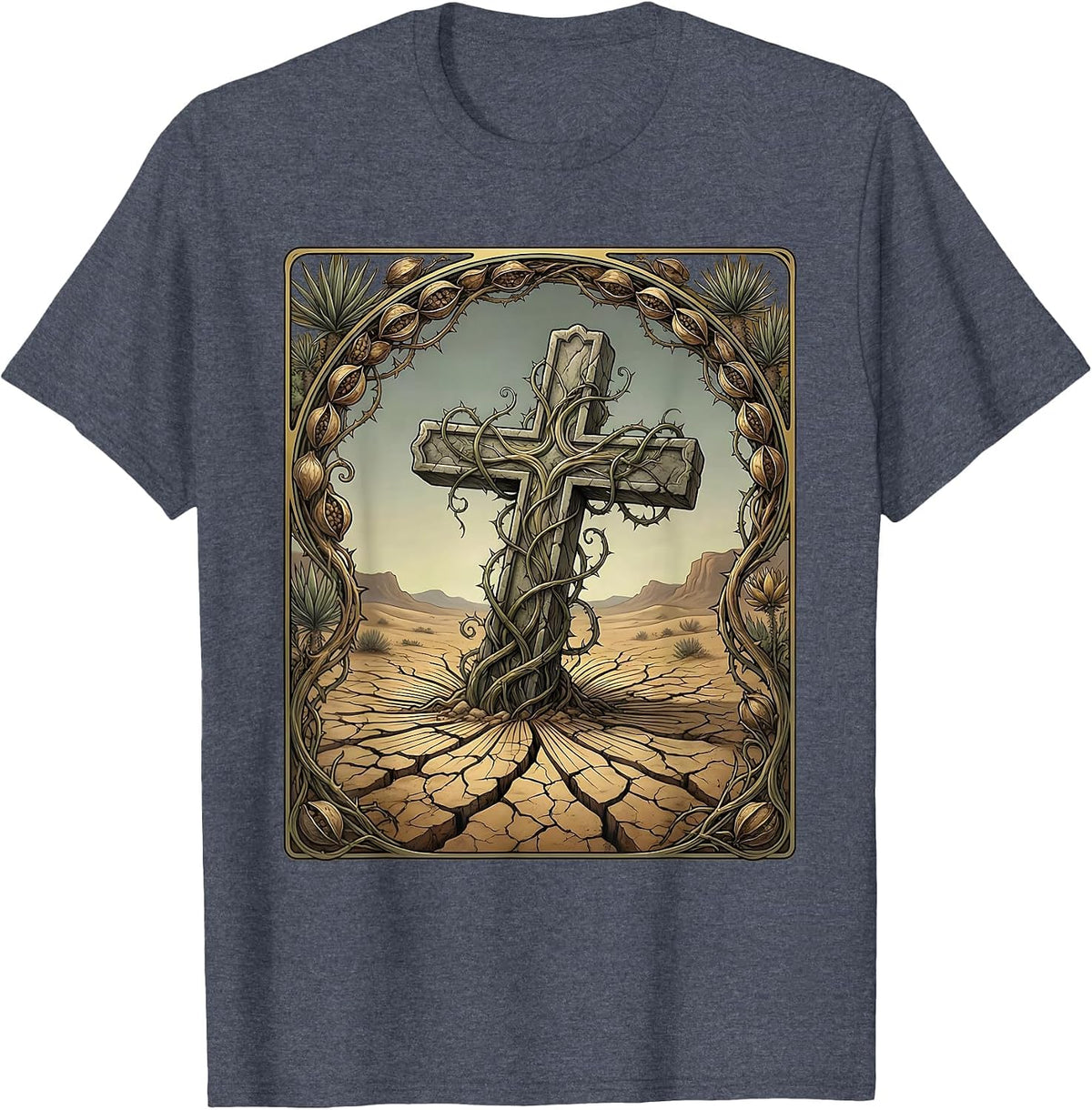 Cross Sinking Into Cracked Desert Ground T-Shirt - Heather Blue
