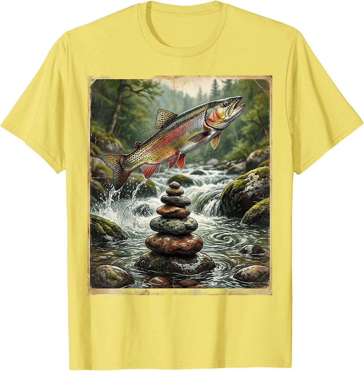 Men's Stacked River Rocks Trout Stream Fishing Graphic T-Shirt - Lemon Yellow