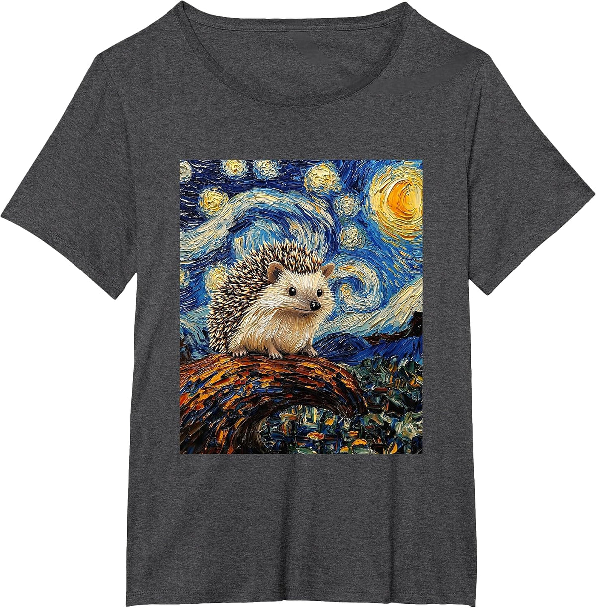Hedgehog Van Gogh Style Starry Night Cute Graphic T-Shirt - Dark Heather Grey