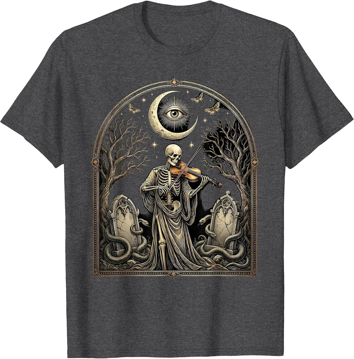Skeleton Violinist Graveyard Spooky Season Art T-Shirt - Dark Heather Grey